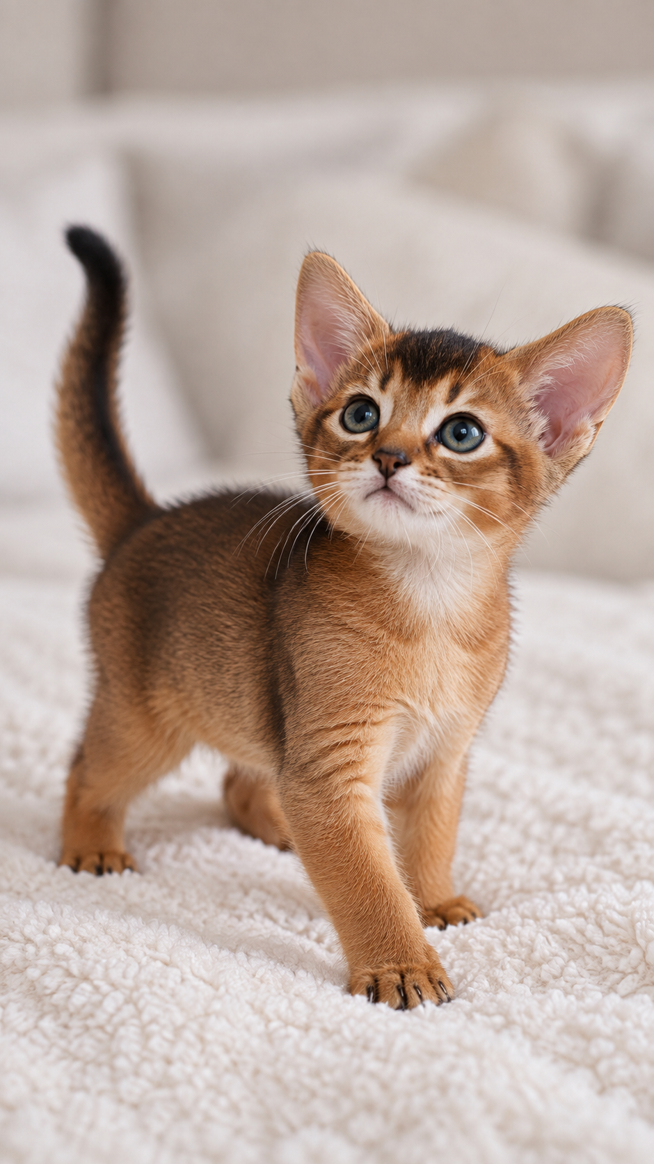 A small golden-brown Abyssinian kitten with large green eyes standing on a soft white textured blanket in a cozy indoor setting.